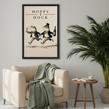 Vintage hoppy hour frog canvas wall art above a cream armchair with a green knitted blanket.
