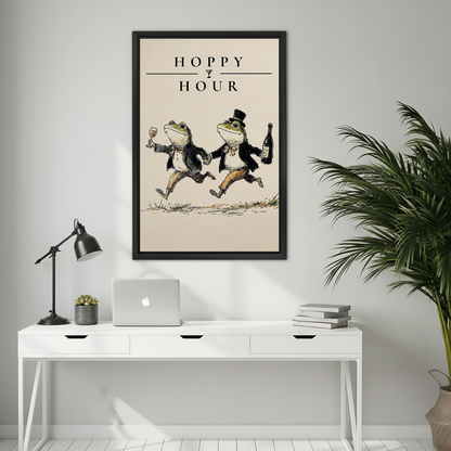 Vintage hoppy hour frog canvas wall art above a white desk with a laptop and black lamp.