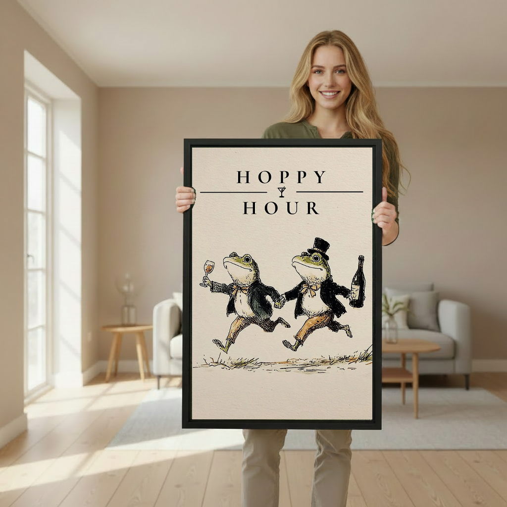 Woman holding framed vintage hoppy hour frog canvas wall art in a softly lit living room.