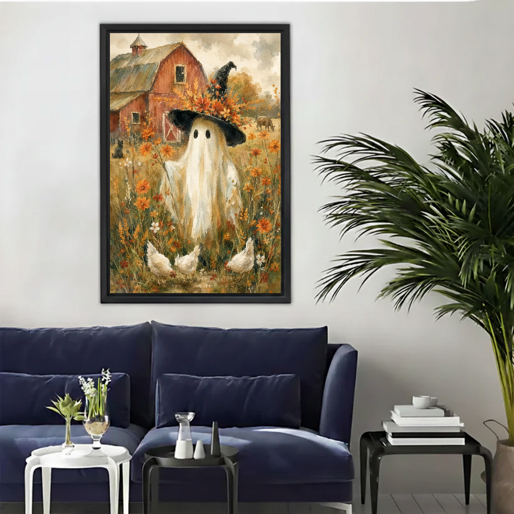 Vintage autumn ghost canvas wall art framed above a navy sofa beside a tall indoor palm.