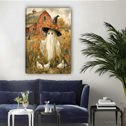 Vintage autumn ghost canvas wall art unframed above a navy sofa in a bright living room.