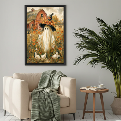 Vintage autumn ghost canvas wall art framed above a cream armchair with a green knitted blanket.