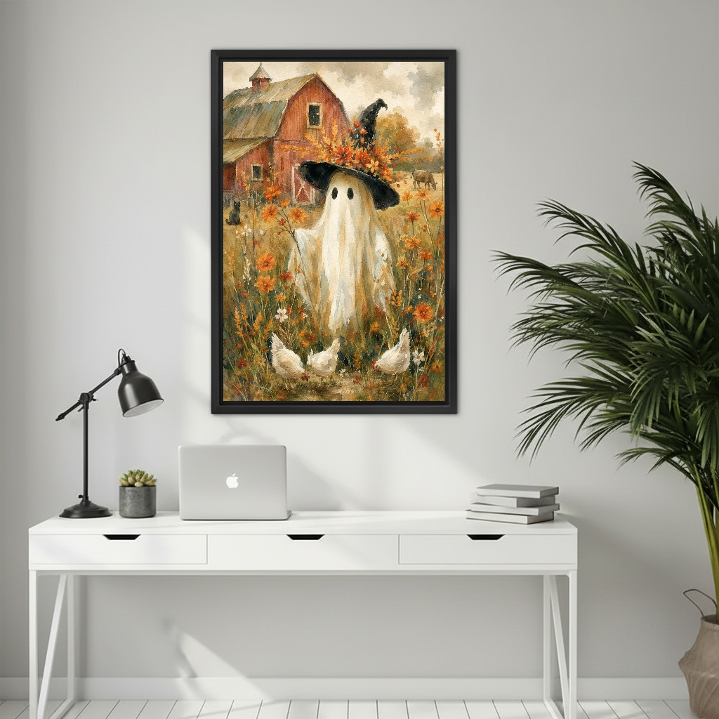 Vintage autumn ghost canvas wall art framed above a white desk with a laptop and black lamp.