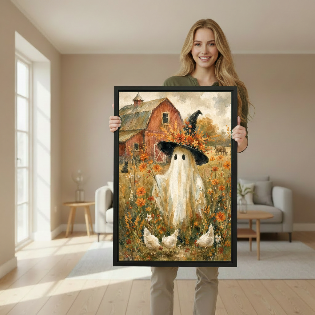 Vintage autumn ghost canvas wall art framed as a woman holds the artwork in a softly lit room.