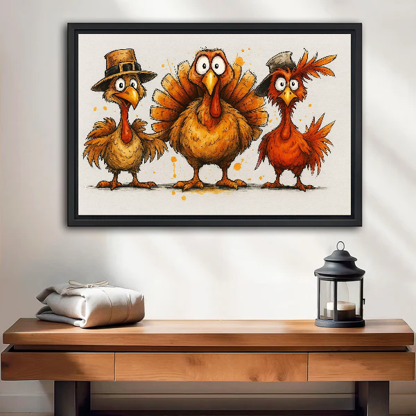 Whimsical thanksgiving turkey canvas wall art framed above a wooden console beside a lantern and folded blanket.
