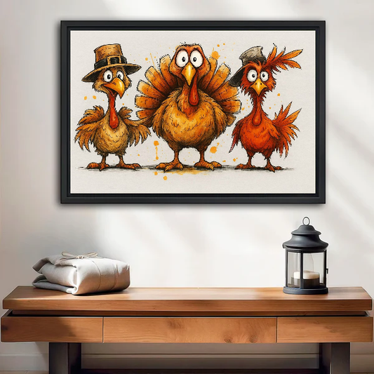 Whimsical thanksgiving turkey canvas wall art framed above a wooden console beside a lantern and folded blanket.