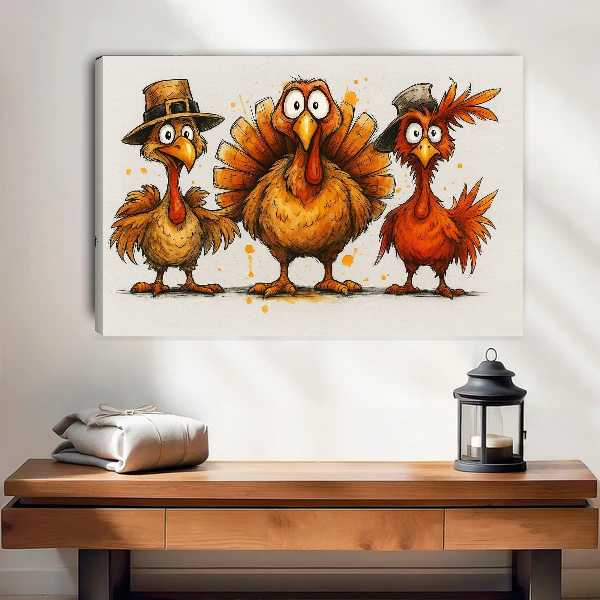 Whimsical thanksgiving turkey canvas wall art unframed above a wooden console in a bright neutral room.