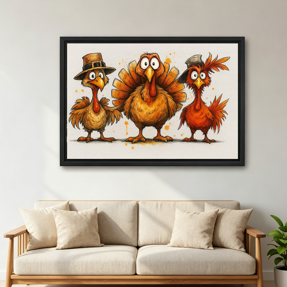 Whimsical thanksgiving turkey canvas wall art framed above a cream sofa with cushions in a neutral living room.