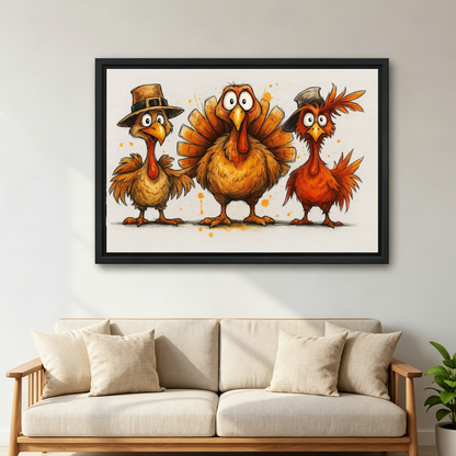 Whimsical thanksgiving turkey canvas wall art framed above a cream sofa with cushions in a neutral living room.