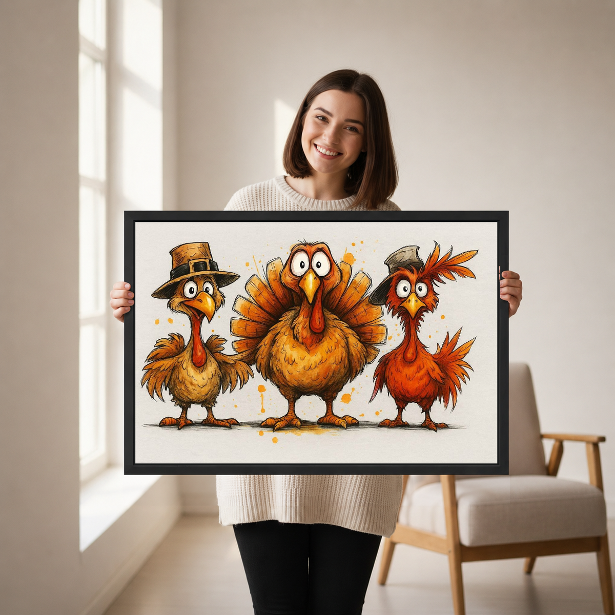 Whimsical thanksgiving turkey canvas wall art framed as a woman holds the artwork near a cream armchair.