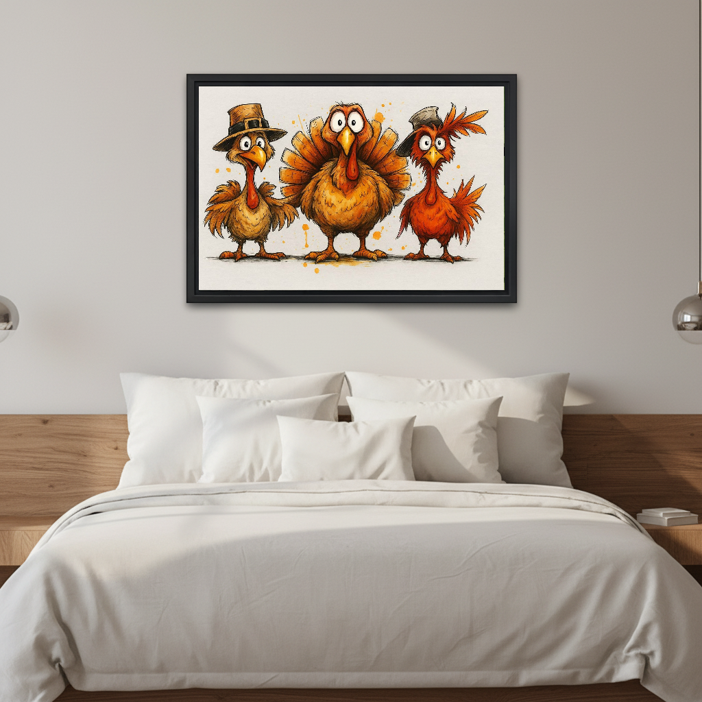Whimsical thanksgiving turkey canvas wall art framed above a white bed with a wooden headboard and pillows.