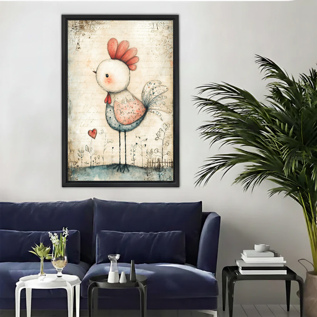 Gentle patchwork chicken canvas wall art framed above a navy sofa beside a tall indoor palm.
