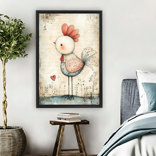 Gentle Patchwork Chicken Canvas Wall Art L6017 — Framed canvas; bright neutral living space