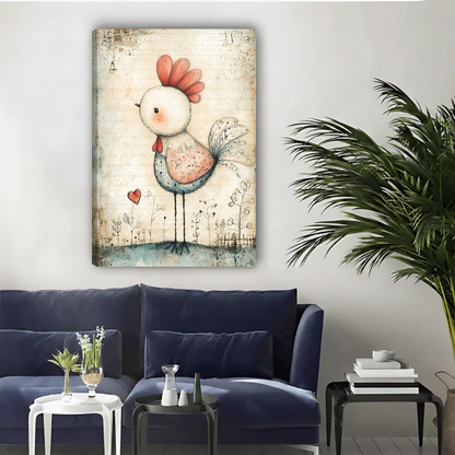 Gentle patchwork chicken canvas wall art unframed above a navy sofa in a bright living room.