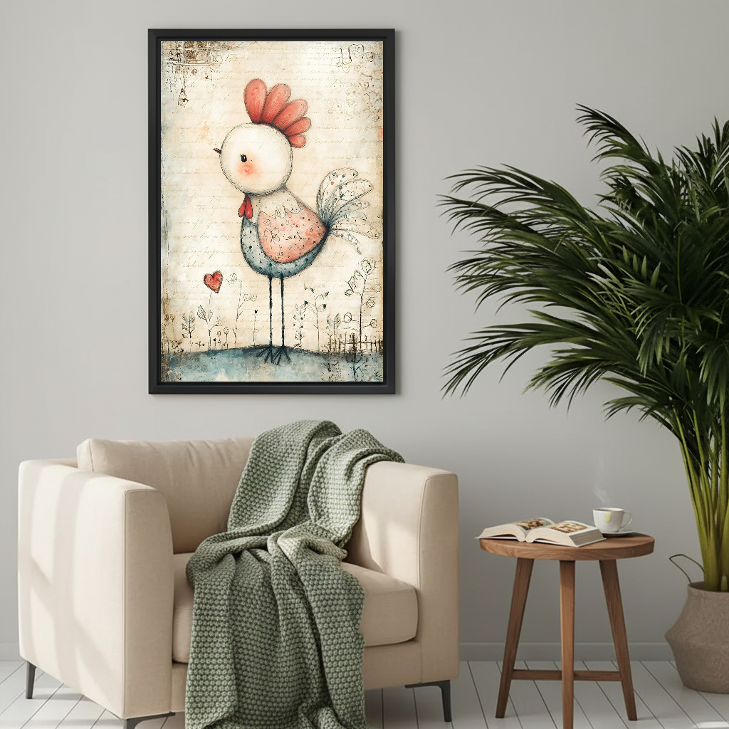Gentle patchwork chicken canvas wall art framed above a cream armchair with a green knitted blanket.