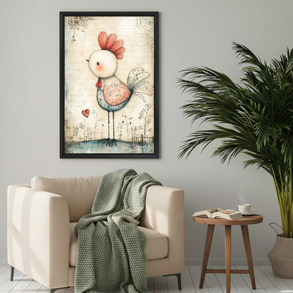 Gentle patchwork chicken canvas wall art framed above a cream armchair with a green knitted blanket.