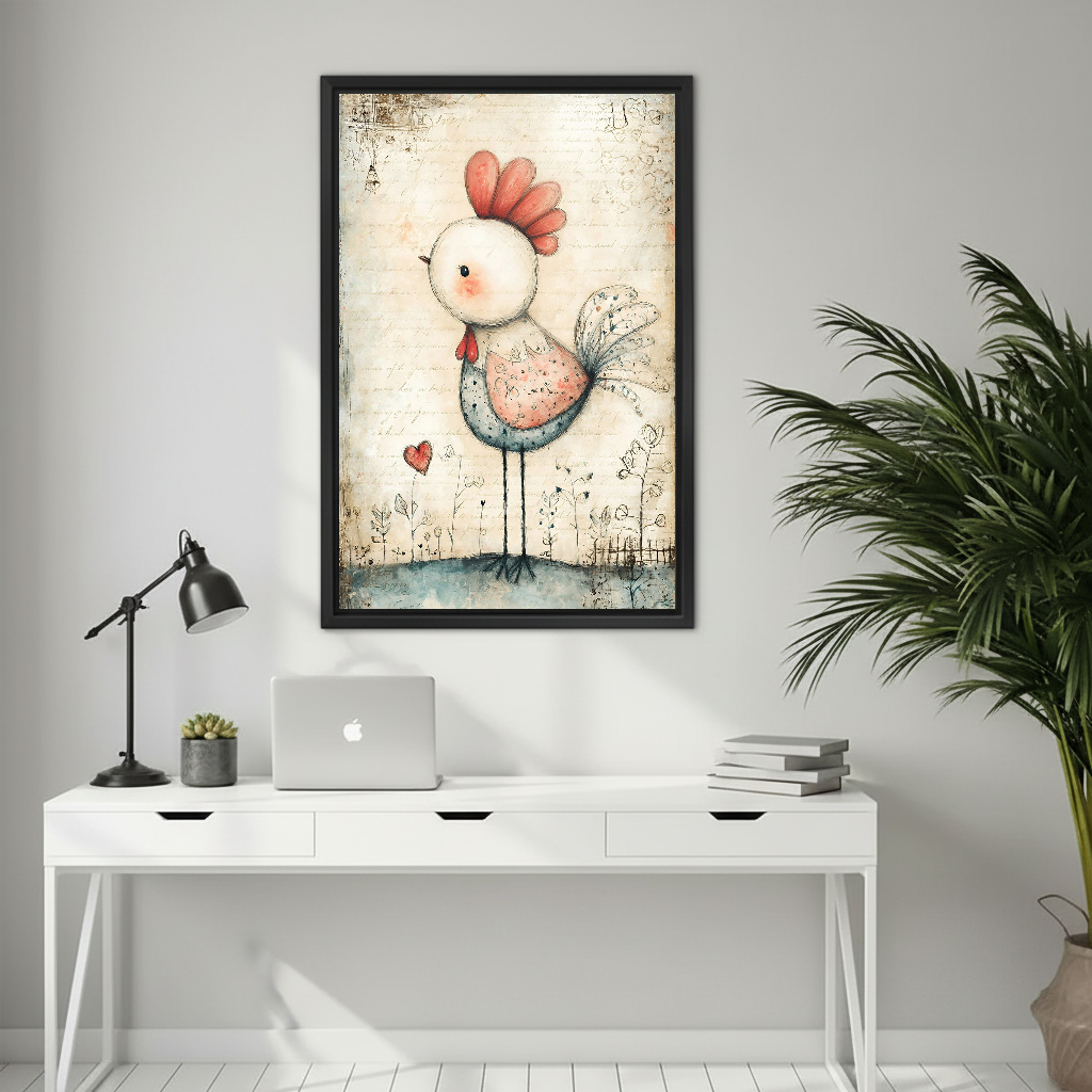 Gentle patchwork chicken canvas wall art framed above a white desk with a laptop and black lamp.