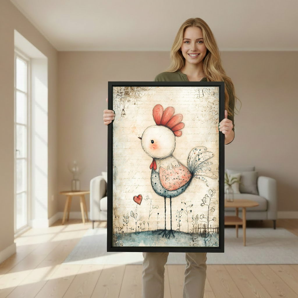 Gentle patchwork chicken canvas wall art framed as a woman holds the artwork in a softly lit room.