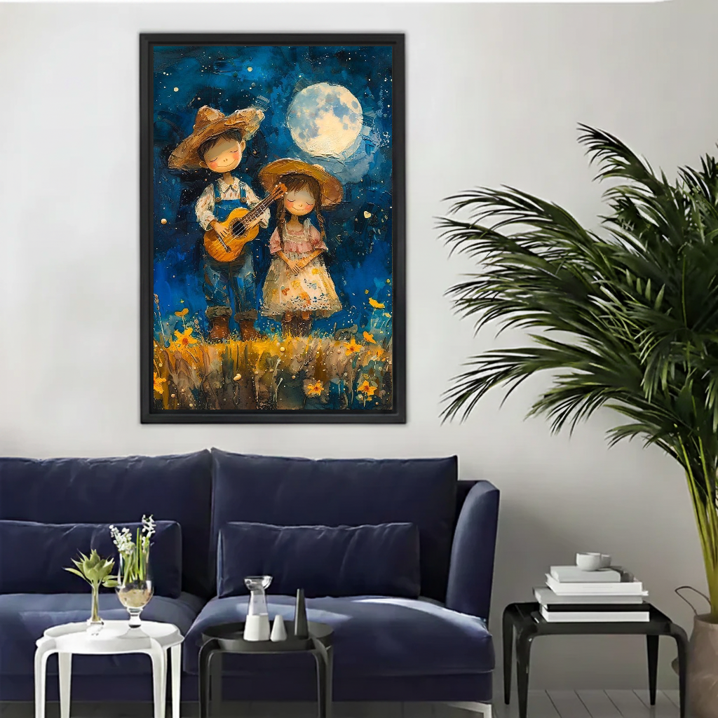 Moonlit country couple canvas wall art framed above a navy sofa beside a tall indoor palm.