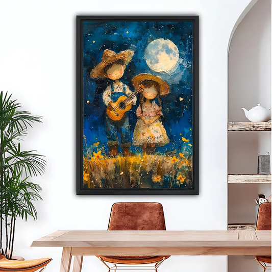 Moonlit Country Boy and Girl Canvas Wall Art L6019 — Framed canvas; bright dining space
