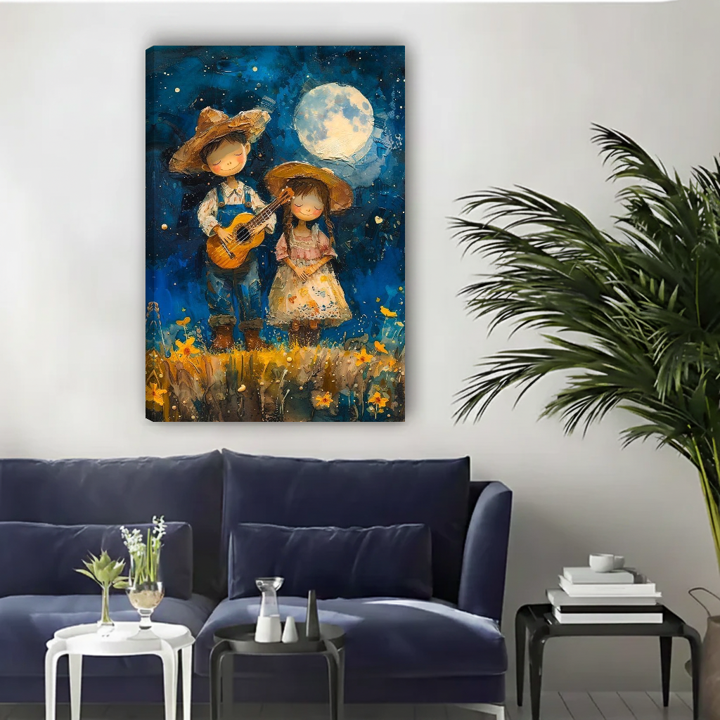 Moonlit country couple canvas wall art unframed above a navy sofa in a bright living room.
