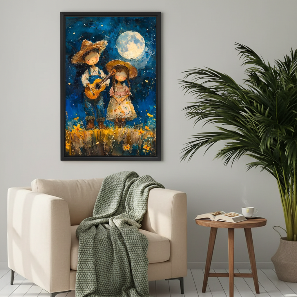 Moonlit country couple canvas wall art framed above a cream armchair with a green knitted blanket.