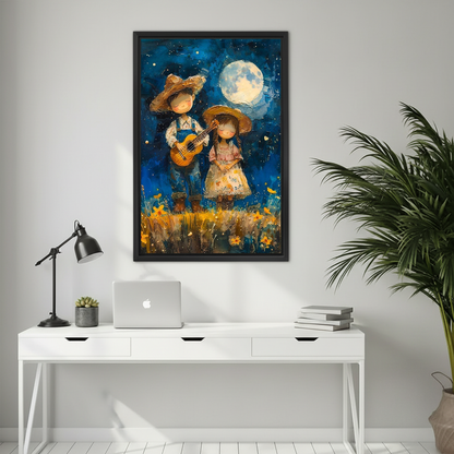 Moonlit country couple canvas wall art framed above a white desk with a laptop and black lamp.