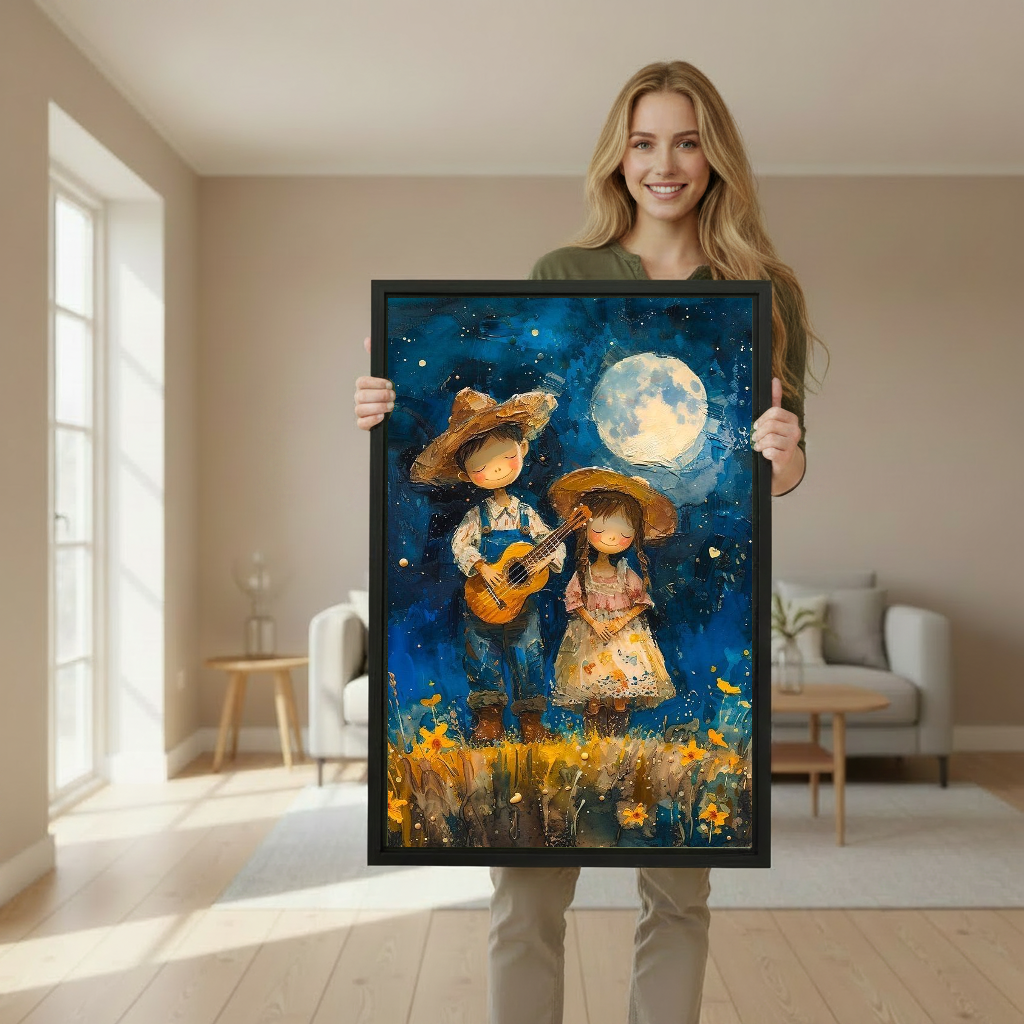 Moonlit country couple canvas wall art framed as a woman holds the artwork in a softly lit room.