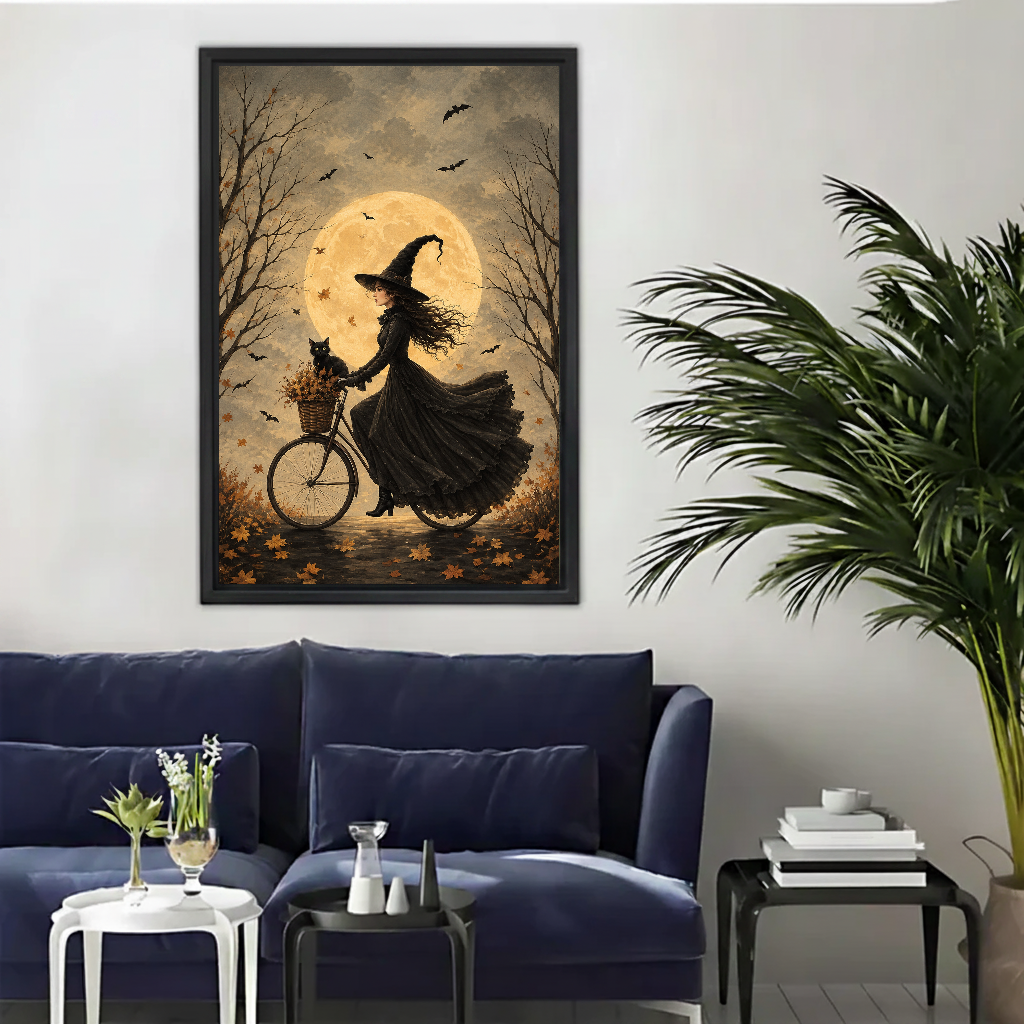 Moonlit bicycle witch canvas wall art framed above a navy sofa beside a tall indoor palm.