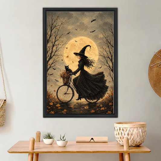 Moonlit Bicycle Witch Canvas Wall Art L6022 — Framed canvas; warm neutral living space