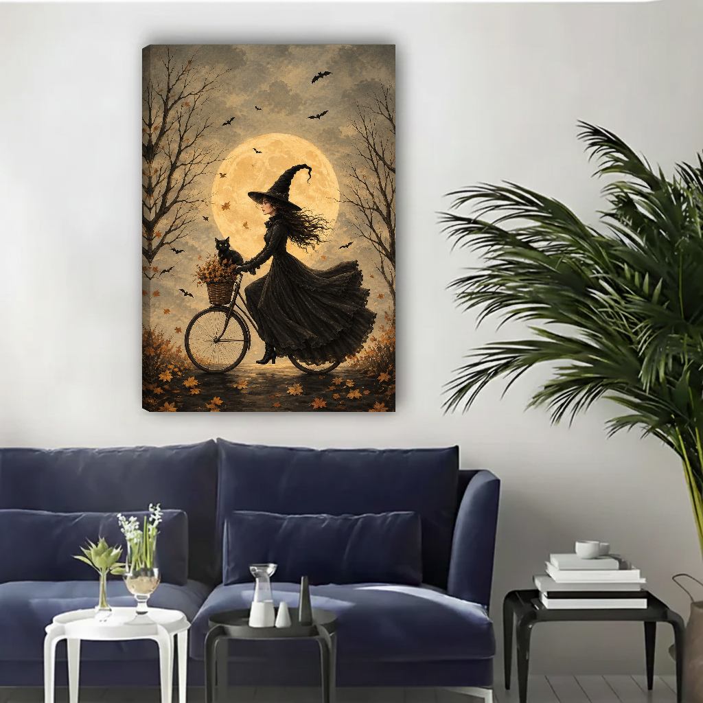 Moonlit bicycle witch canvas wall art unframed above a navy sofa in a bright living room.