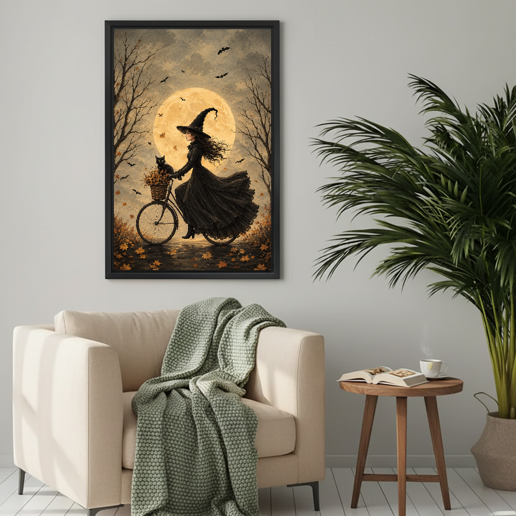 Moonlit bicycle witch canvas wall art framed above a cream armchair with a green knitted blanket.
