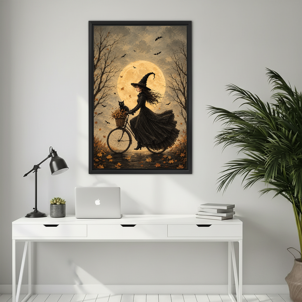Moonlit bicycle witch canvas wall art framed above a white desk with a laptop and black lamp.