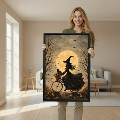 Moonlit bicycle witch canvas wall art framed as a woman holds the artwork in a softly lit room.
