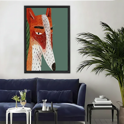 Modern geometric fox canvas wall art framed above a navy sofa beside a tall indoor palm.