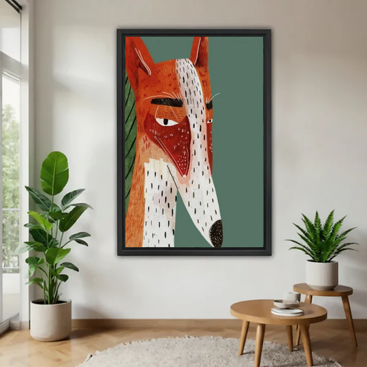 Modern Geometric Fox Canvas Wall Art L6024 — Framed canvas; natural light living space with plants