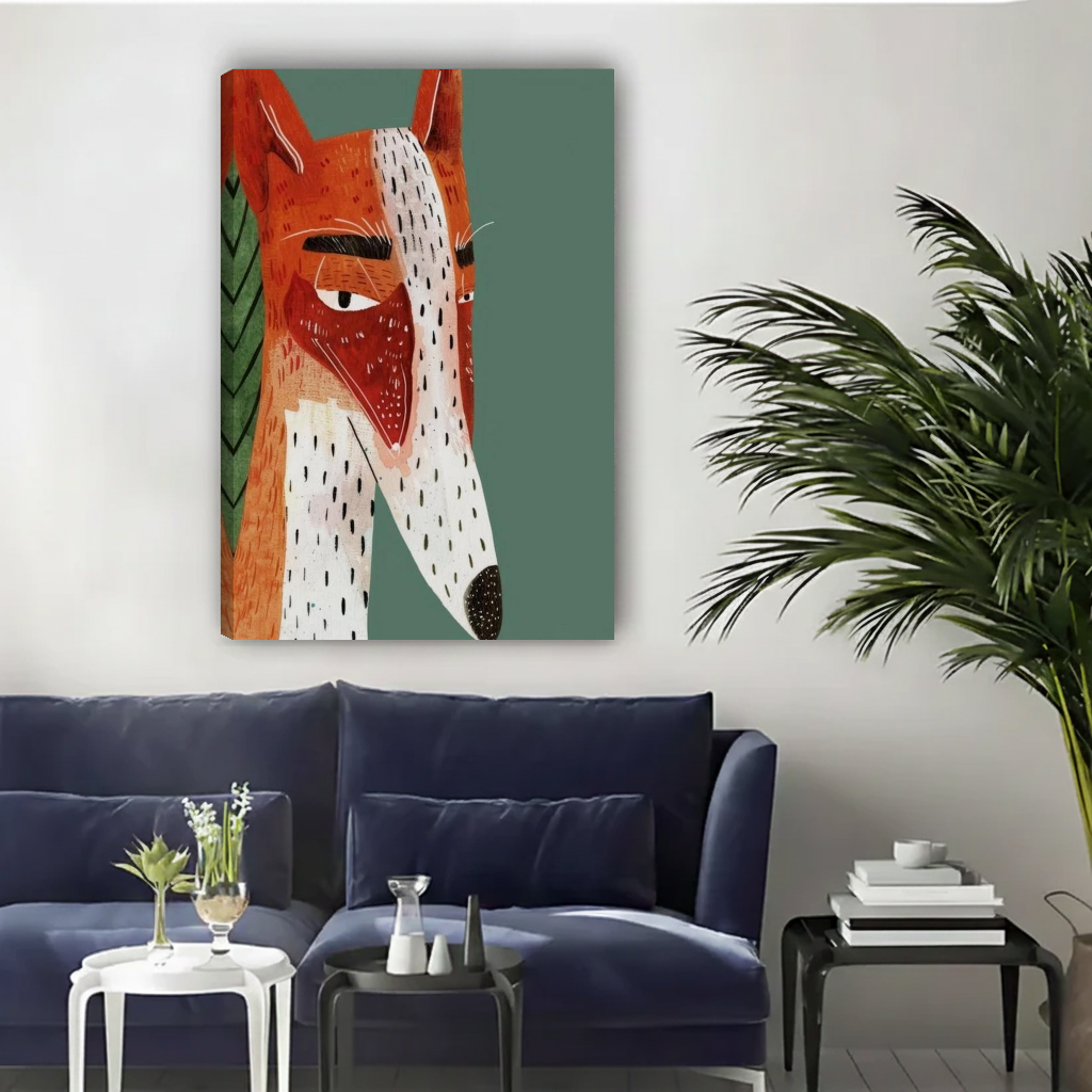 Modern geometric fox canvas wall art unframed above a navy sofa in a bright living room.