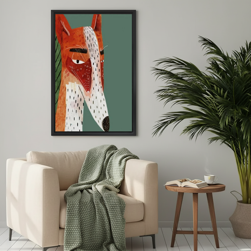 Modern geometric fox canvas wall art framed above a cream armchair with a green knitted blanket.