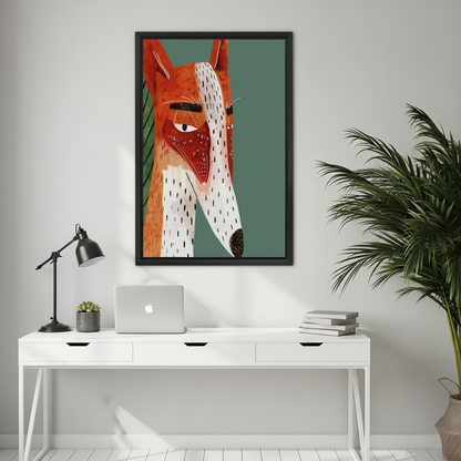Modern geometric fox canvas wall art framed above a white desk with a laptop and black lamp.