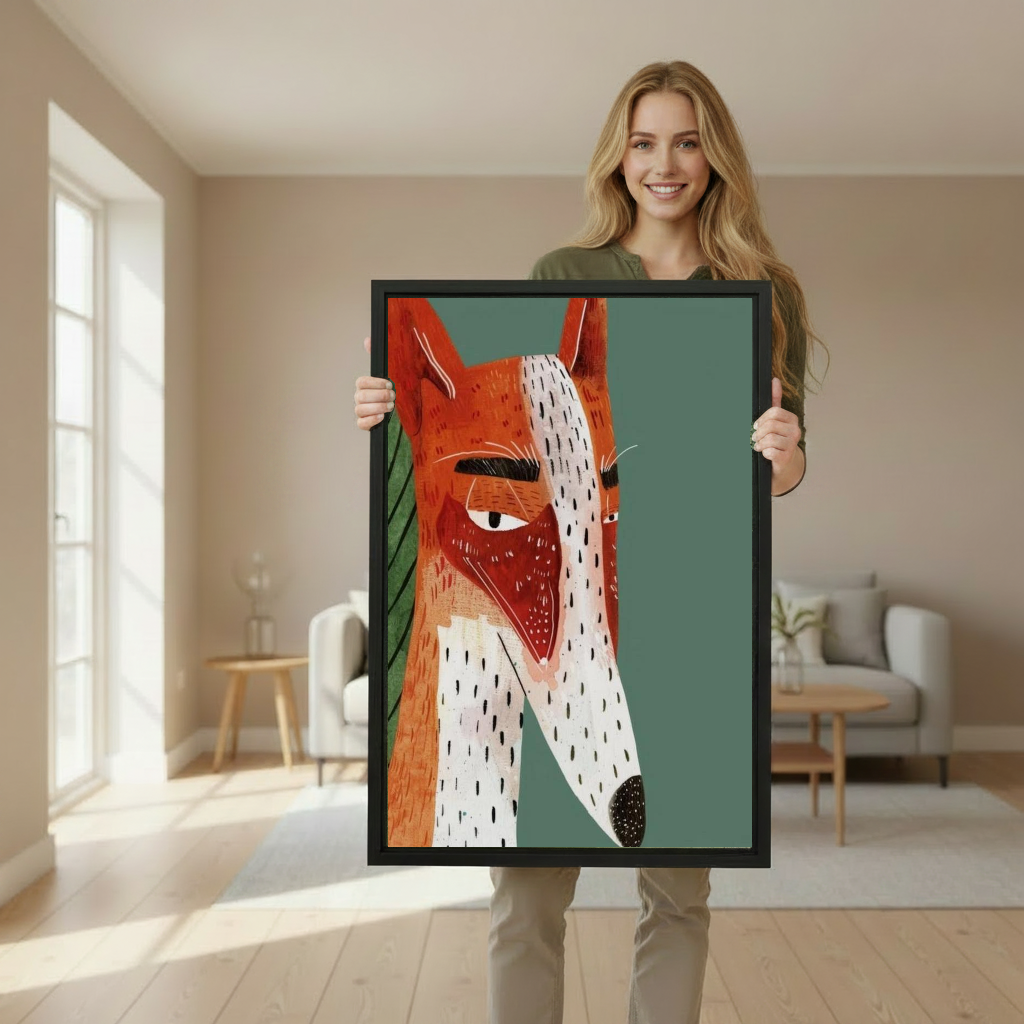 Modern geometric fox canvas wall art framed as a woman holds the artwork in a softly lit room.
