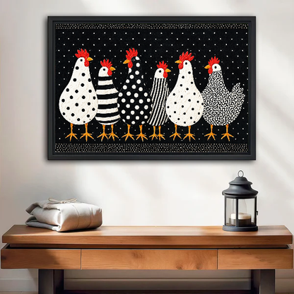 Playful spotted chicken canvas wall art framed above a wooden console beside a lantern and folded blanket.