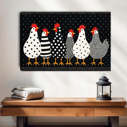 Playful spotted chicken canvas wall art unframed above a wooden console in a bright neutral room.