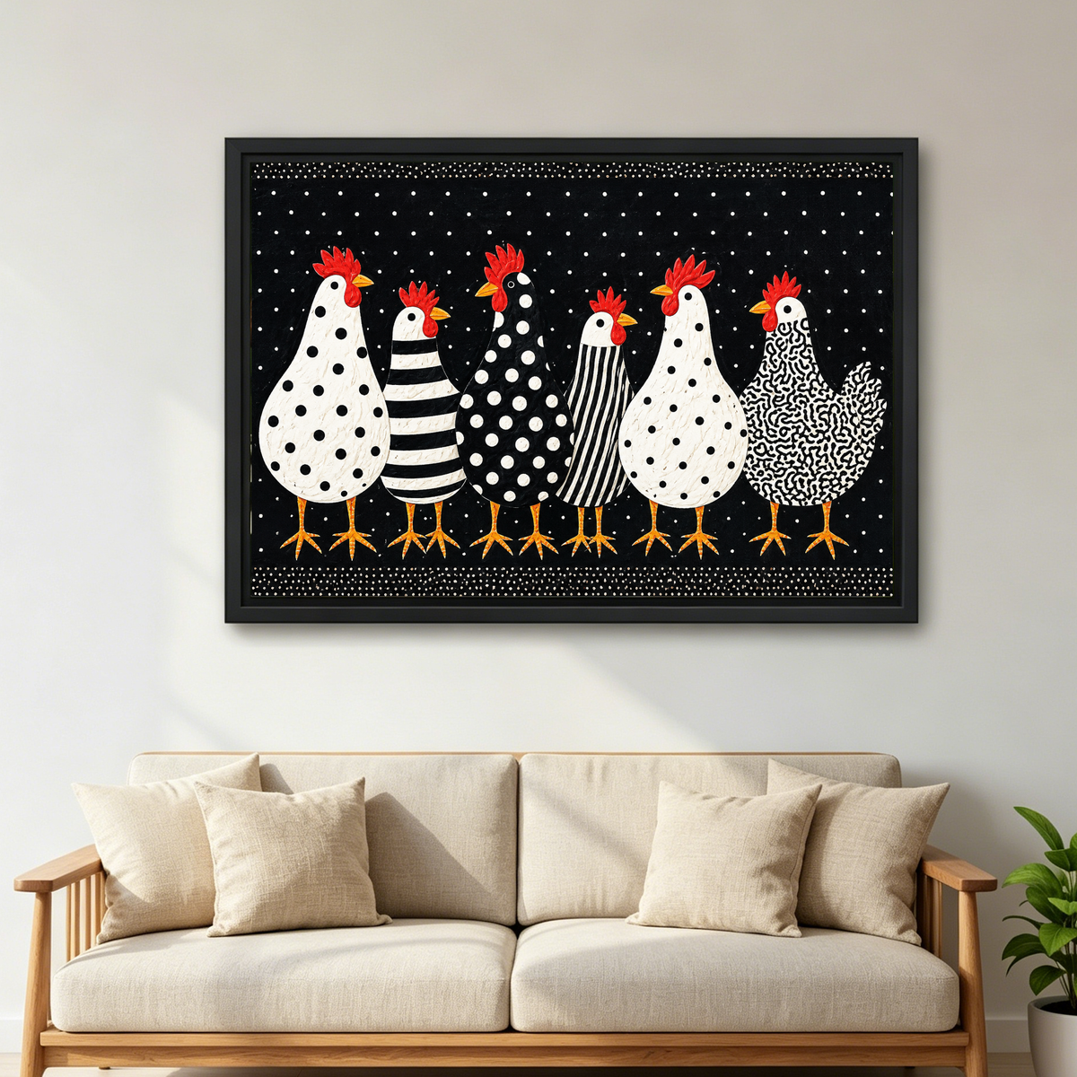 Playful spotted chicken canvas wall art framed above a cream sofa with cushions in a neutral living room.