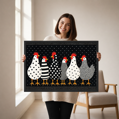 Playful spotted chicken canvas wall art framed as a woman holds the artwork near a cream armchair.