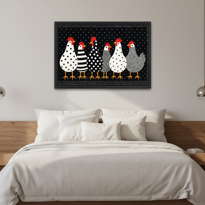 Playful spotted chicken canvas wall art framed above a white bed with a wooden headboard and pillows.