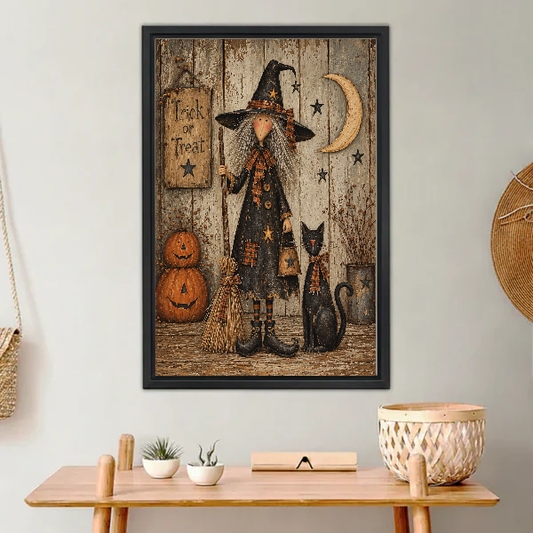 Vintage Witch Cat Canvas Wall Art L6028 — Framed canvas; warm neutral living space