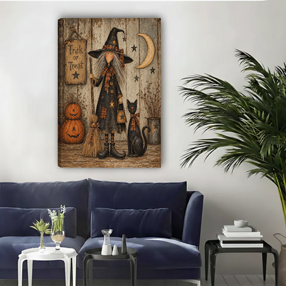 Vintage witch cat canvas wall art unframed above a navy sofa in a bright living room.
