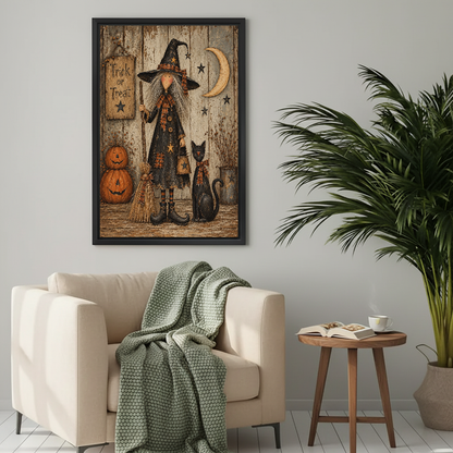 Vintage witch cat canvas wall art framed above a cream armchair with a green knitted blanket.