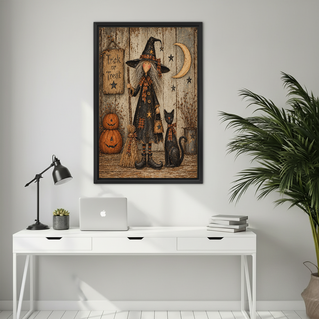 Vintage witch cat canvas wall art framed above a white desk with a laptop and black lamp.