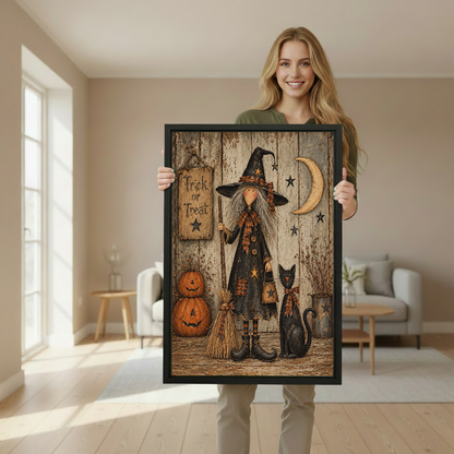 Vintage witch cat canvas wall art framed as a woman holds the artwork in a softly lit room.